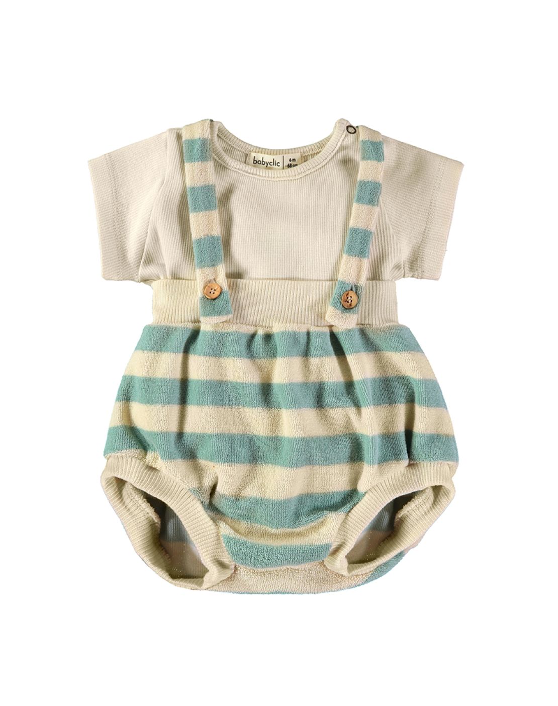 Bloomer with suspenders + T-shirt<br>Stripes Aqua
